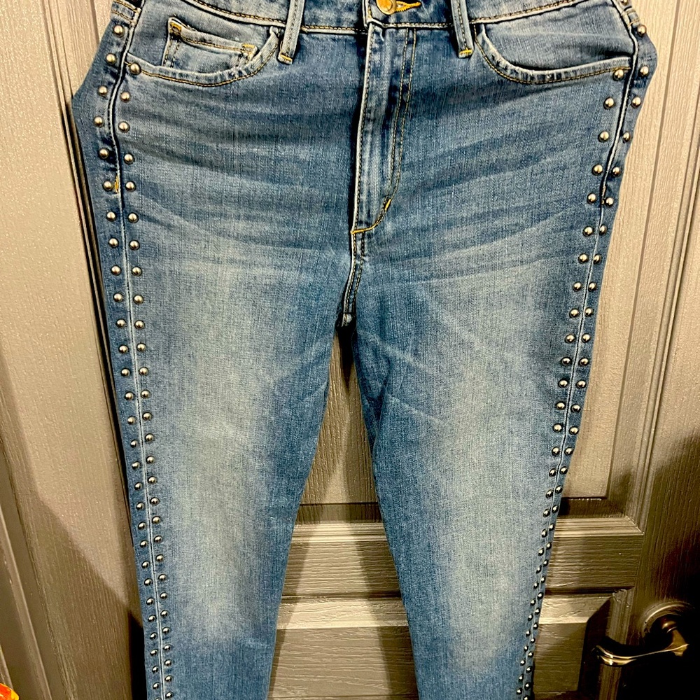 Joe’s Charlie high ankle rise skinny jeans with silver studs on sides
